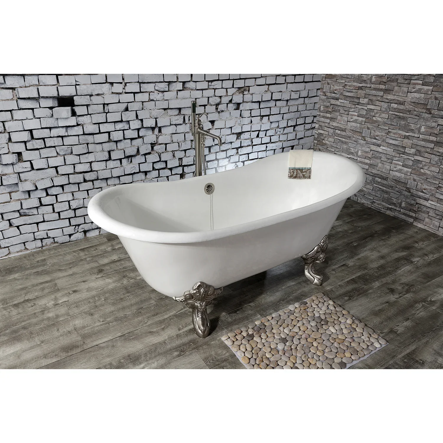 Kingston Brass Aqua Eden 67" Cast Iron Oval Double Slipper Clawfoot Tub (No Faucet Drillings), White/Brushed Nickel (VCTNDS6731NL8) - Image 3