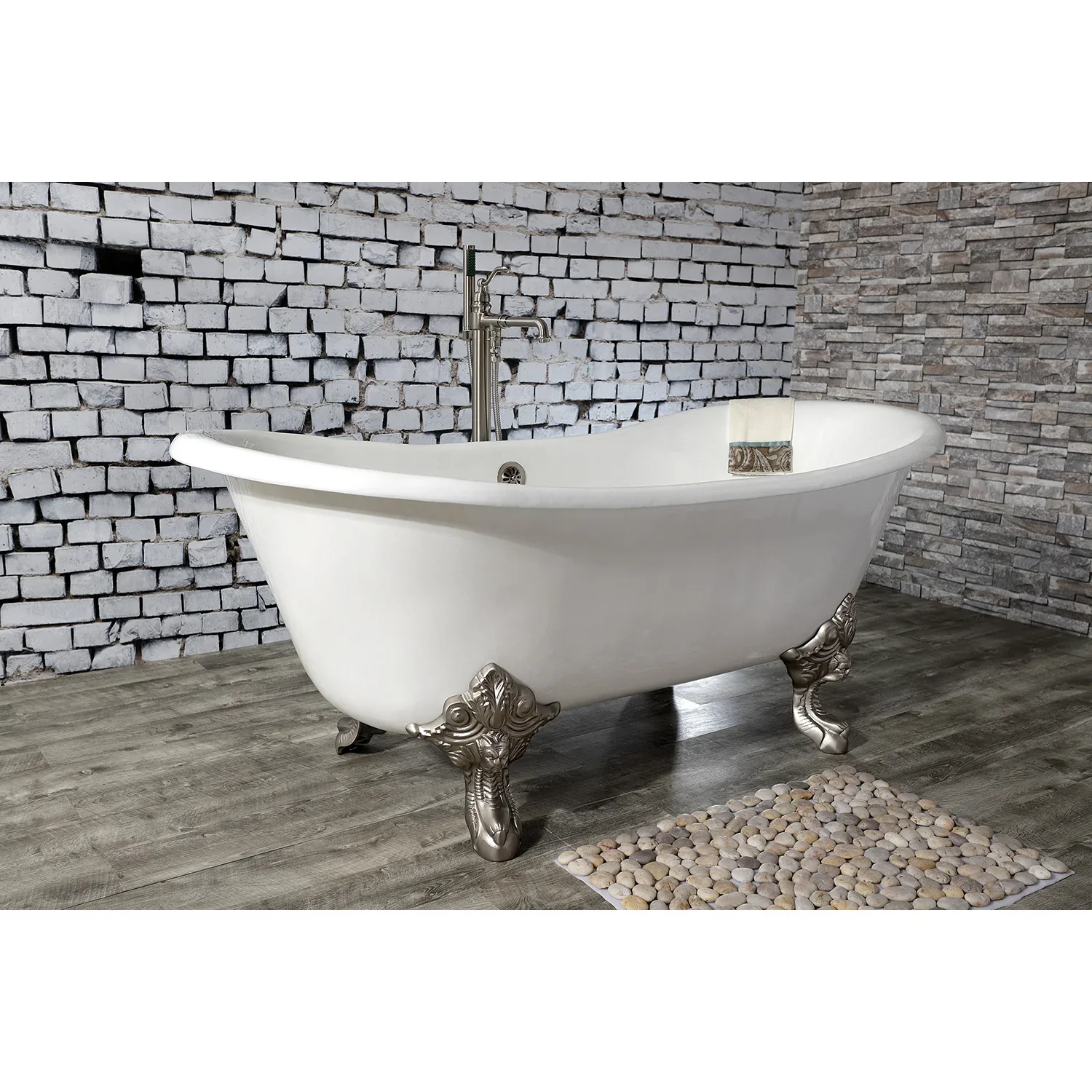 Kingston Brass Aqua Eden 67" Cast Iron Oval Double Slipper Clawfoot Tub (No Faucet Drillings), White/Brushed Nickel (VCTNDS6731NL8) - Image 4