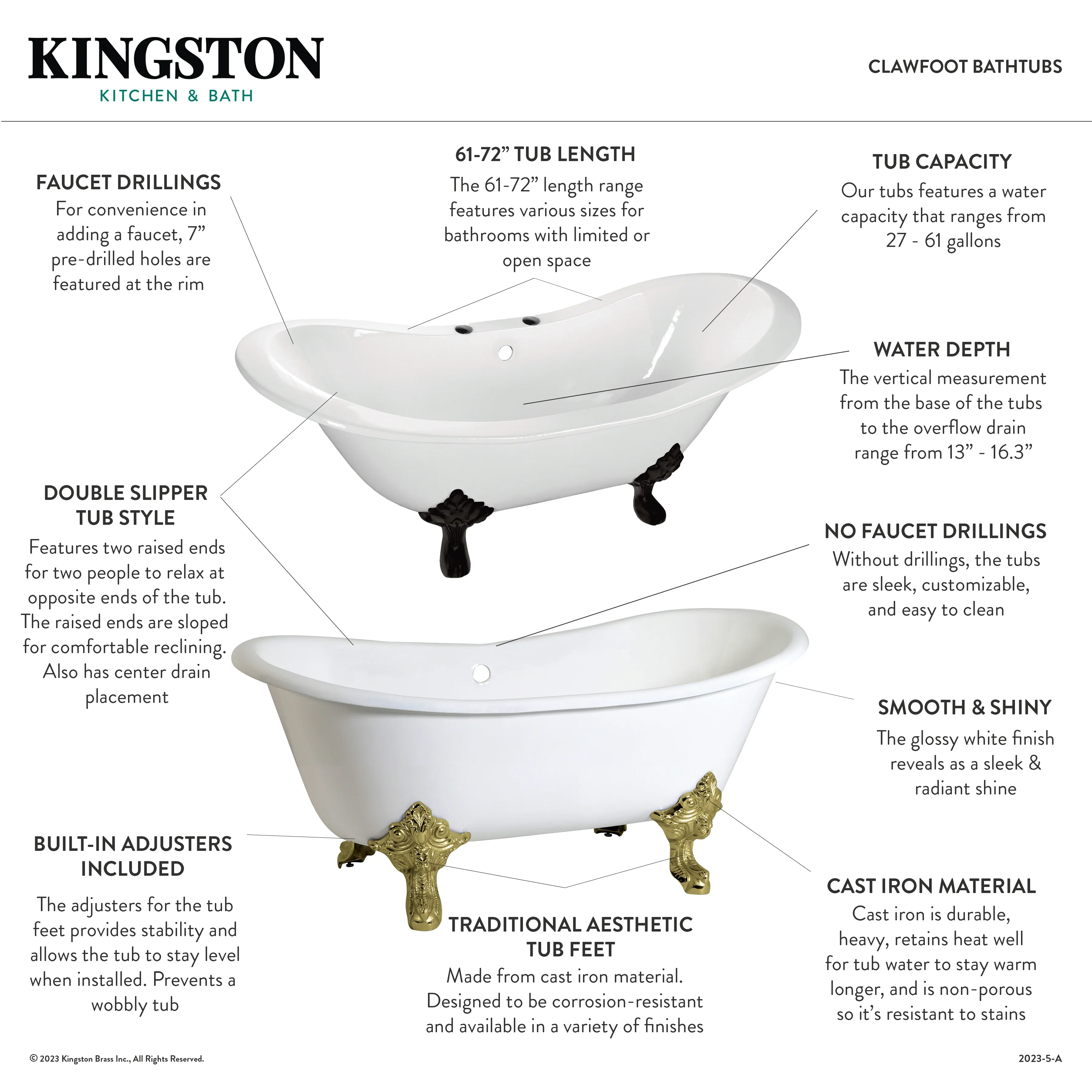 Kingston Brass Aqua Eden 67" Cast Iron Oval Double Slipper Clawfoot Tub (No Faucet Drillings), White/Brushed Nickel (VCTNDS6731NL8) - Image 5