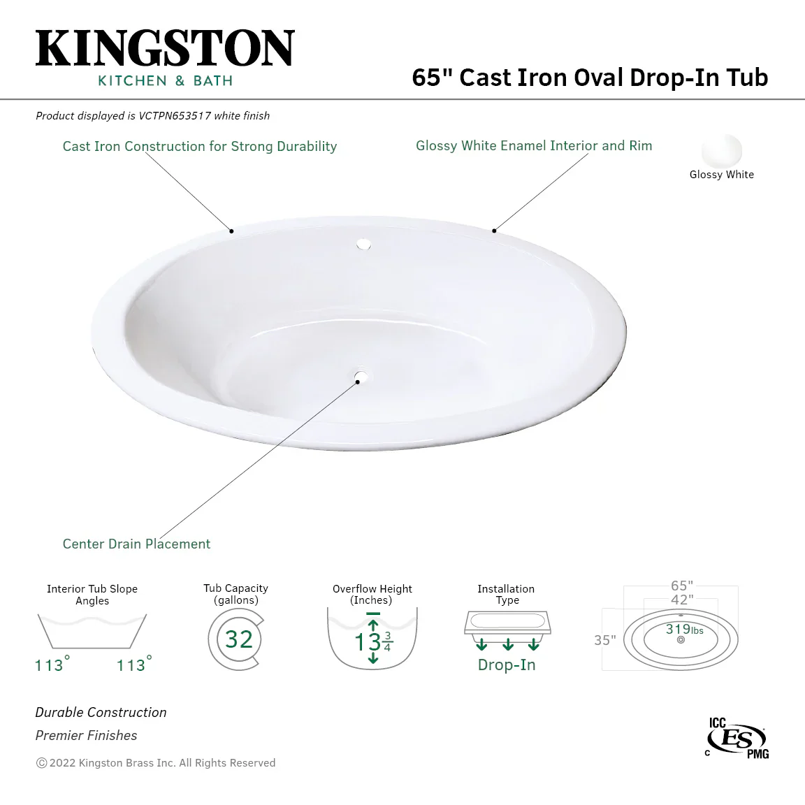 Kingston Brass Aqua Eden 65" Cast Iron Oval Drop-In Tub with Center Drain, White (VCTPN653517) - Image 5