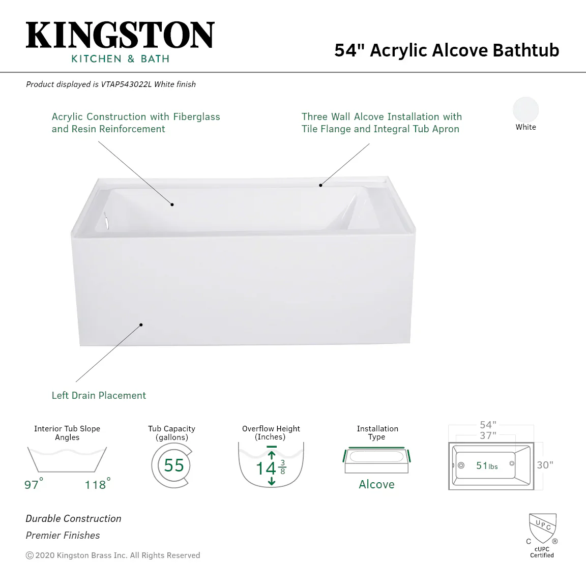 Kingston Brass Aqua Eden 54" Acrylic Rectangular 3-Wall Alcove Tub, Left Hand Drain, Glossy White (VTAP543022L) - Image 5