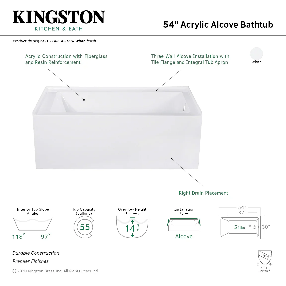 Kingston Brass Aqua Eden 54" Acrylic Rectangular 3-Wall Alcove Tub, Right Hand Drain, Glossy White (VTAP543022R) - Image 5