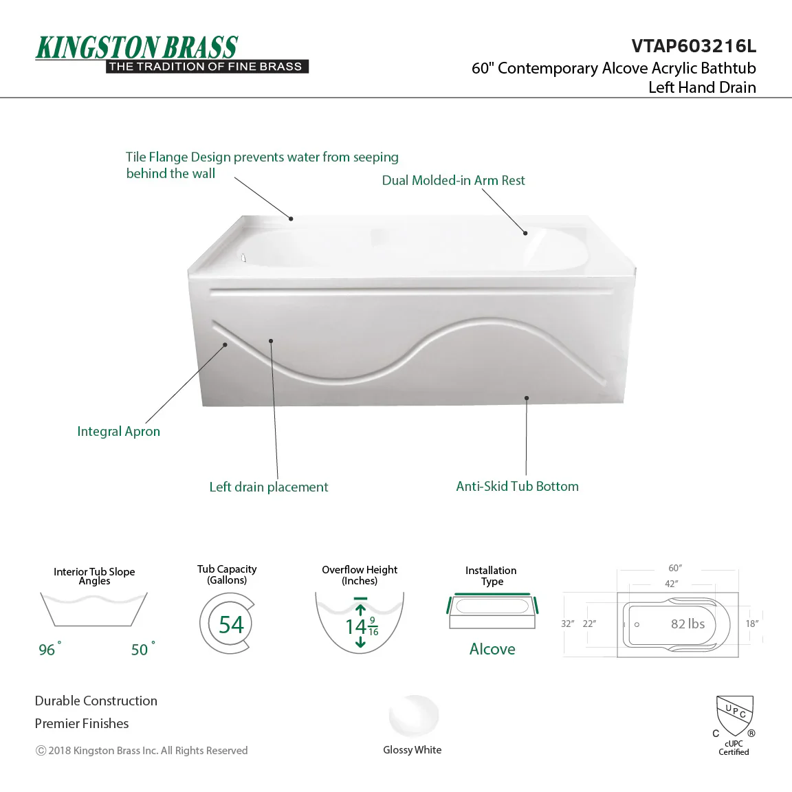 Kingston Brass Aqua Eden 60" Acrylic Rectangular 3-Wall Alcove Tub with Anti Skid and Left Hand Drain Hole, Glossy White (VTAP603216L) - Image 9