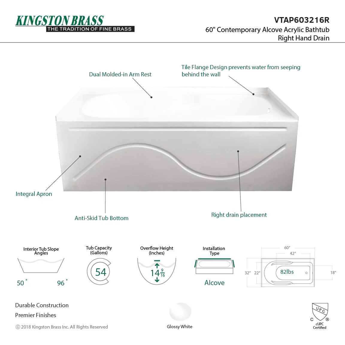 Kingston Brass Aqua Eden 60" Acrylic Rectangular 3-Wall Alcove Tub with Anti Skid and Right Hand Drain Hole, Glossy White (VTAP603216R) - Image 11