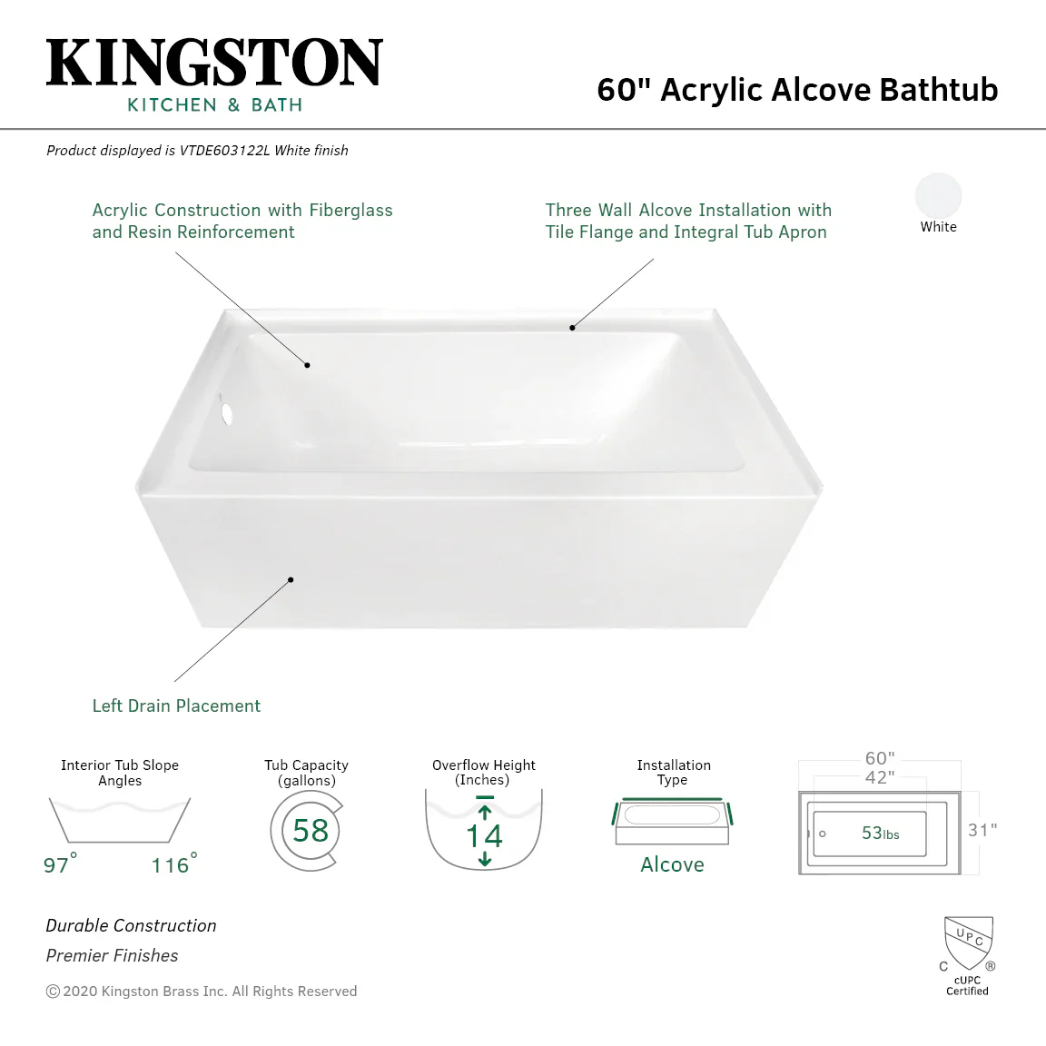 Kingston Brass Aqua Eden 60" Acrylic Rectangular 3-Wall Alcove Tub, Left Hand Drain, Glossy White (VTDE603122L) - Image 4