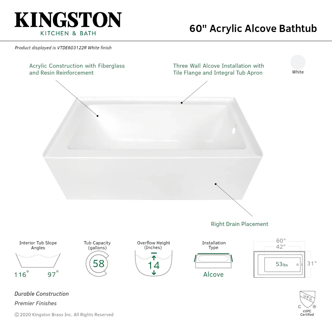 Kingston Brass Aqua Eden 60" Acrylic Rectangular 3-Wall Alcove Tub, Right Hand Drain, Glossy White (VTDE603122R) - Image 3