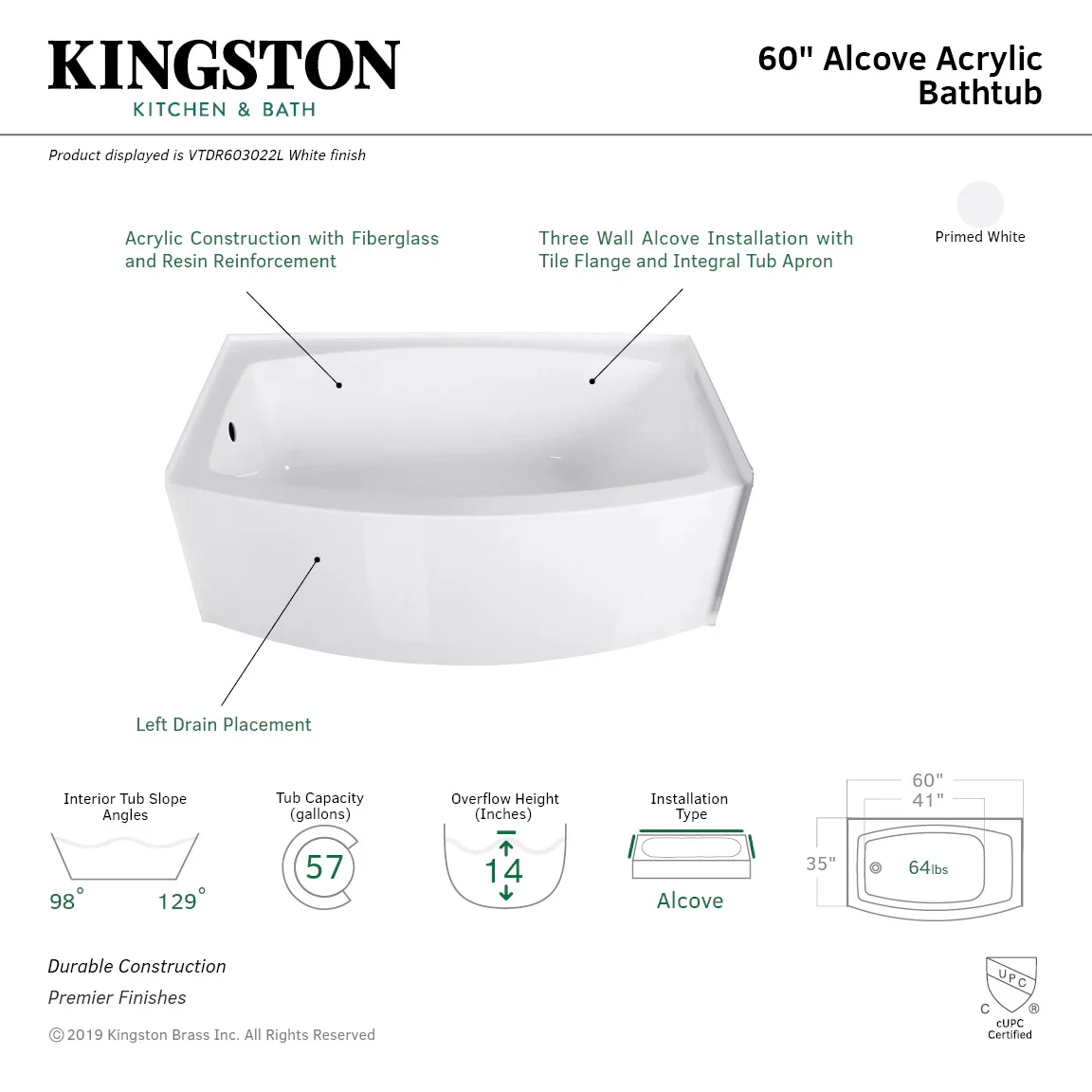 Kingston Brass Aqua Eden 60" Acrylic Rectangular 3-Wall Alcove Tub, Left Hand Drain Hole, Glossy White (VTDR603022L) - Image 3
