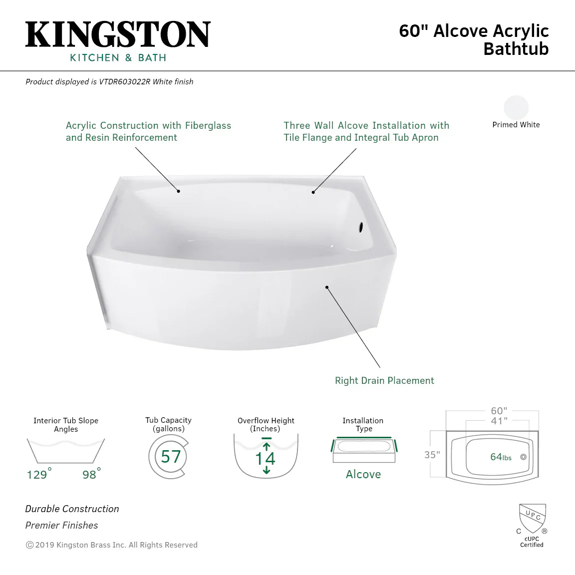 Kingston Brass Aqua Eden 60" Acrylic Rectangular 3-Wall Alcove Tub, Right Hand Drain Hole, Glossy White (VTDR603022R) - Image 2