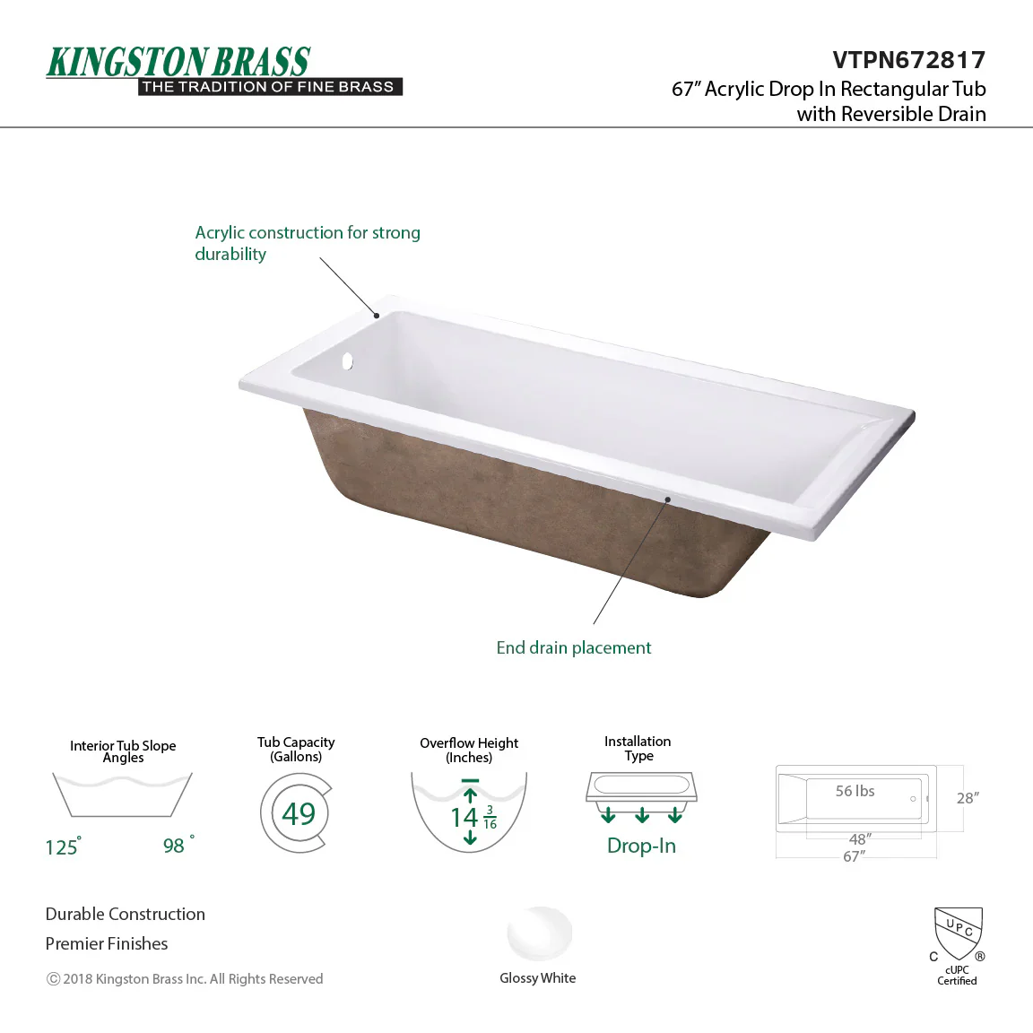 Kingston Brass Aqua Eden 67" Acrylic Rectangular Drop-In Tub with Reversible Drain, Glossy White (VTPN672817) - Image 3
