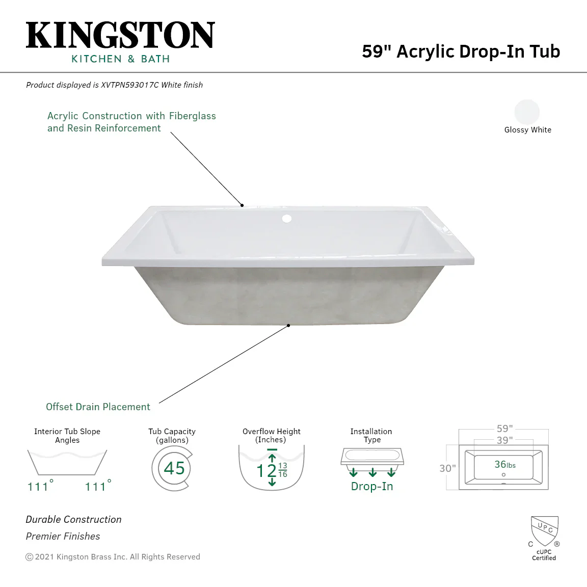 Kingston Brass Aqua Eden 59" Acrylic Rectangular Drop-In Tub with Center Drain, Glossy White (XVTPN593017C) - Image 3