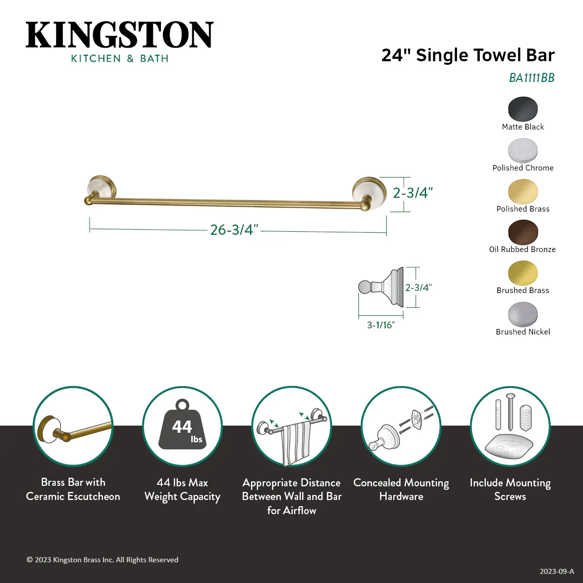 Kingston Brass Victorian 24" Single Towel Bar, Brushed Brass (BA1111BB) - Image 2