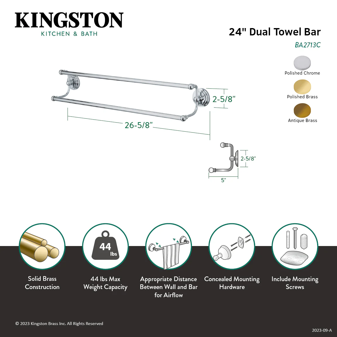 Kingston Brass Milano 24" Double Towel Bar, Antique Brass (BA2713AB) - Image 2