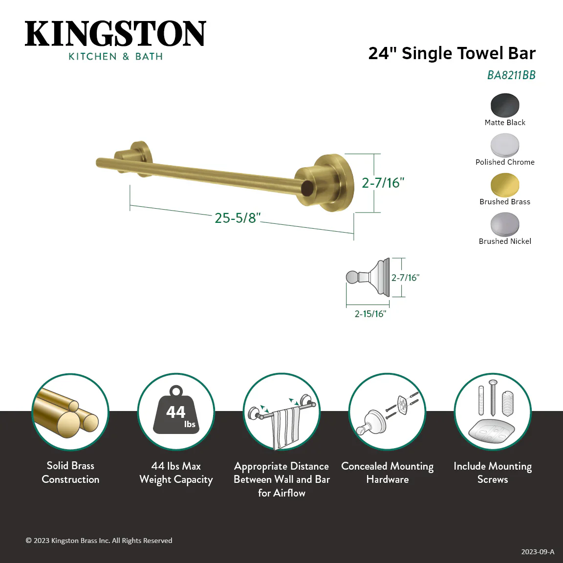 Kingston Brass Concord 24" Single Towel Bar, Brushed Nickel (BA8211SN) - Image 4