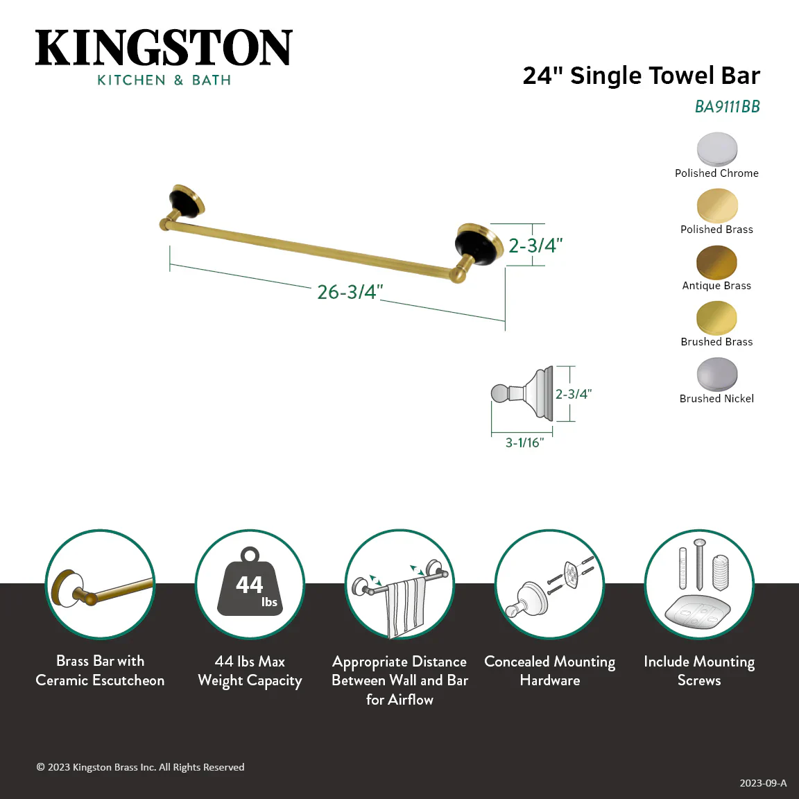 Kingston Brass Water Onyx 24" Single Towel Bar, Antique Brass (BA9111AB) - Image 3
