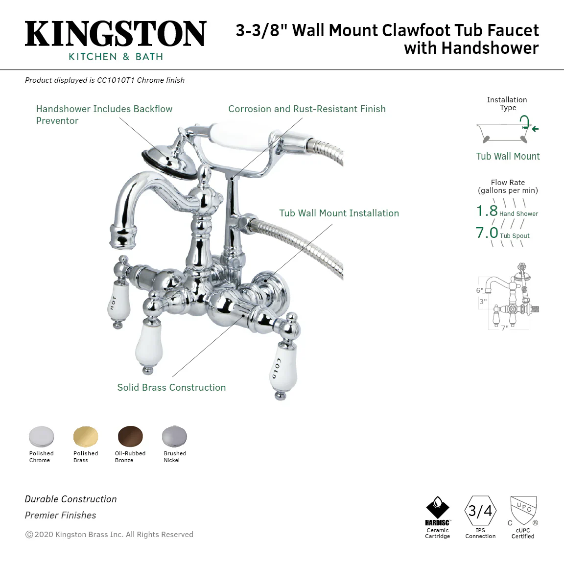Kingston Brass Vintage 3-3/8-Inch Wall Mount Tub Faucet, Brushed Nickel (CC1009T8) - Image 2
