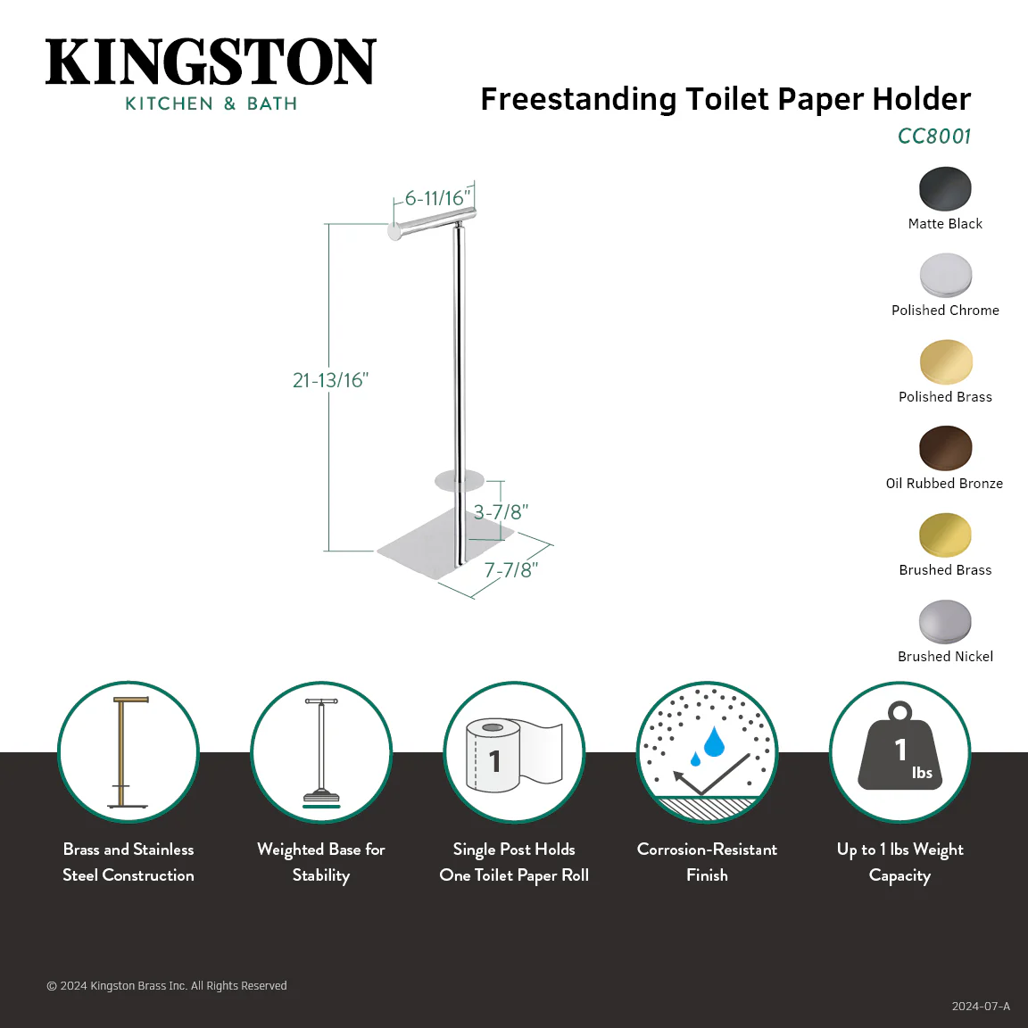 Kingston Brass Claremont Freestanding Toilet Paper Holder, Brushed Nickel (CC8008) - Image 2