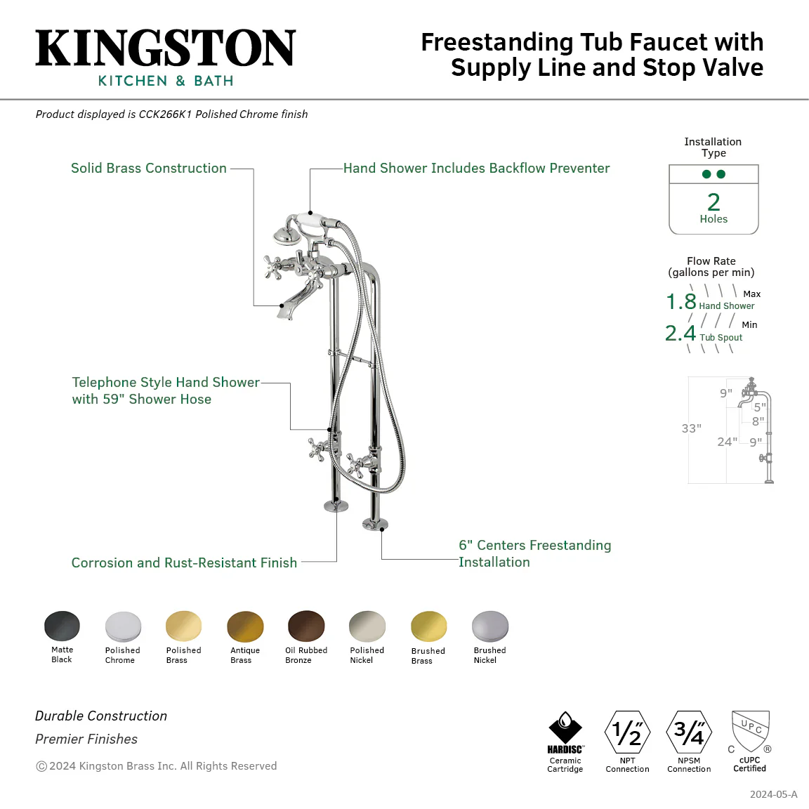Kingston Brass Kingston Freestanding Tub Faucet with Supply Line and Stop Valve, Antique Brass (CCK266K3) - Image 2