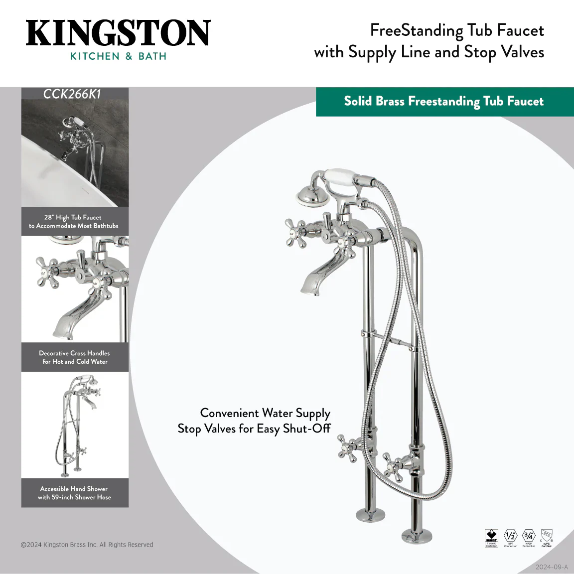Kingston Brass Kingston Freestanding Tub Faucet with Supply Line and Stop Valve, Brushed Nickel (CCK266K8) - Image 3