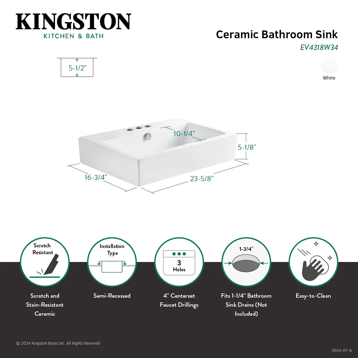 Kingston Brass Century 23-5/8" Ceramic Rectangular Semi-Recessed Vessel Sink (4" Centers), White (EV4318W34) - Image 3