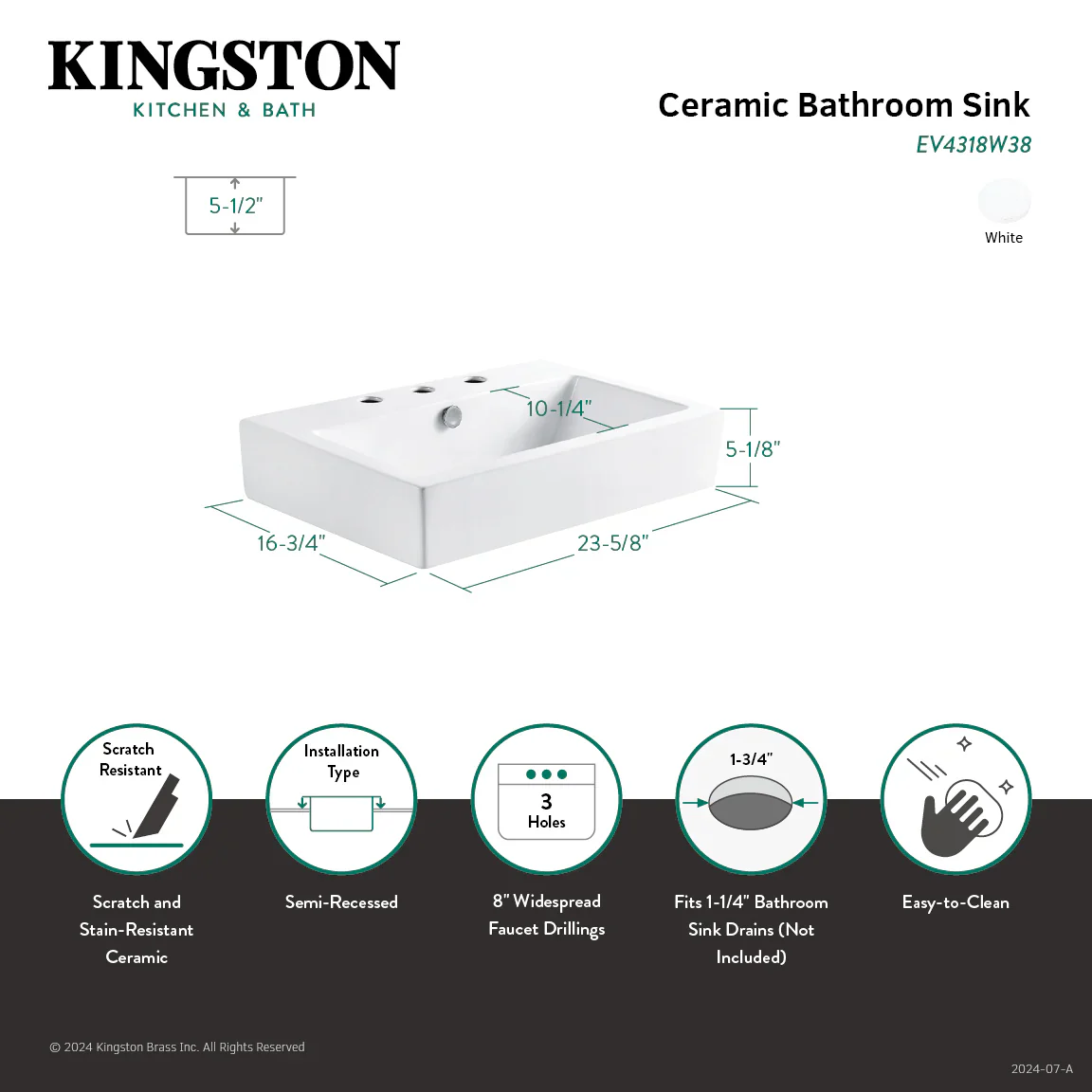 Kingston Brass Century 23-5/8" Ceramic Rectangular Semi-Recessed Vessel Sink (8" Centers), White (EV4318W38) - Image 3