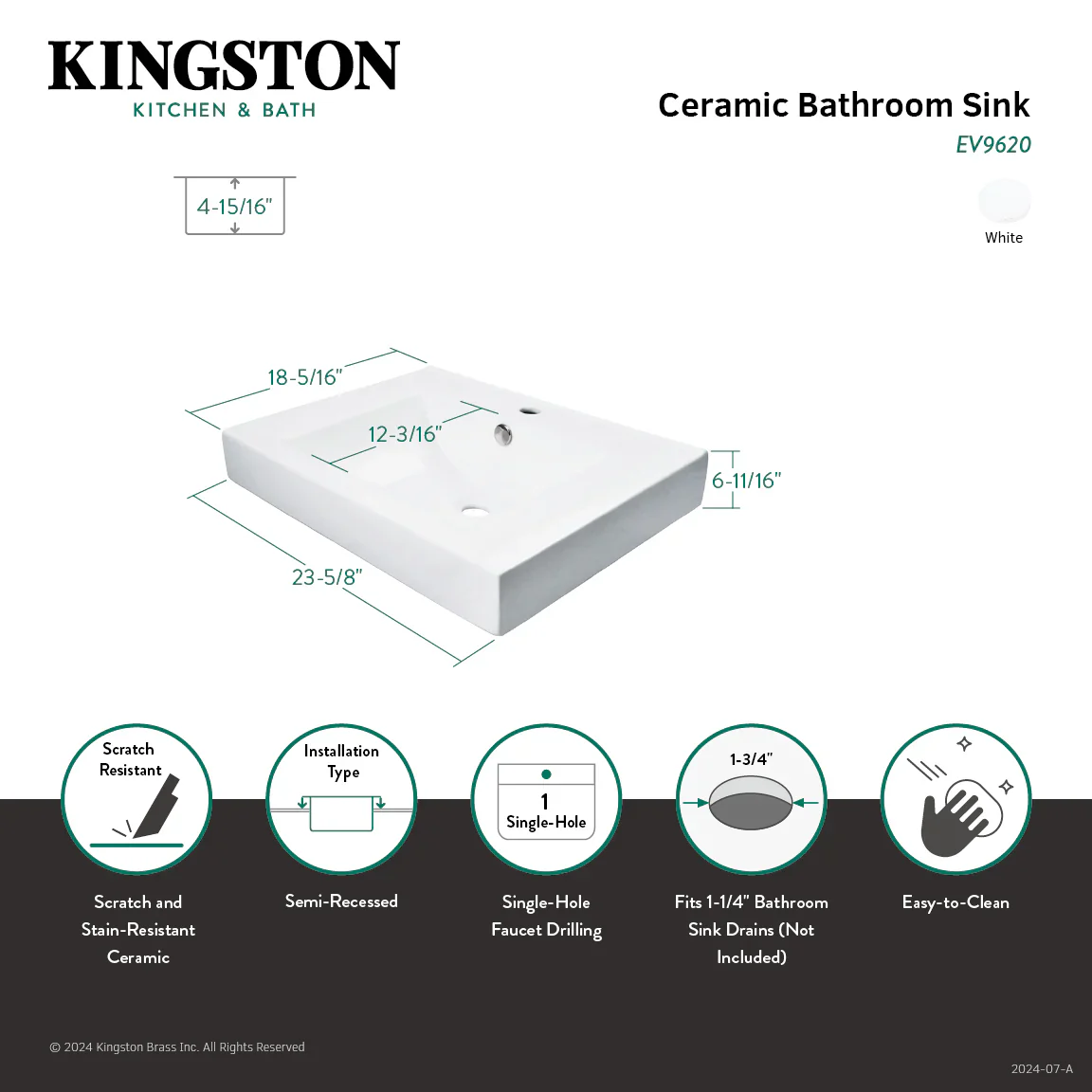 Kingston Brass Mission 23-5/8" Ceramic Rectangular Semi-Recessed Vessel Sink, White (EV9620) - Image 4