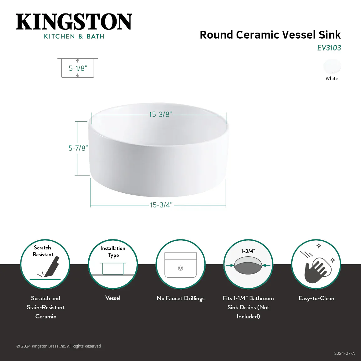 Kingston Brass Fauceture Park 15-3/4" Ceramic Round Vessel Sink, White (EV3103) - Image 4