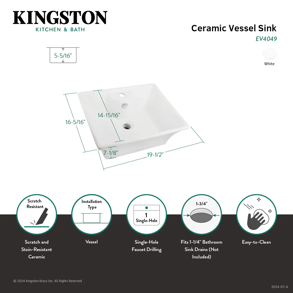 Kingston Brass Fauceture Forte 19-1/2" Ceramic Rectangular Vessel Sink, White (EV4049) - Image 4