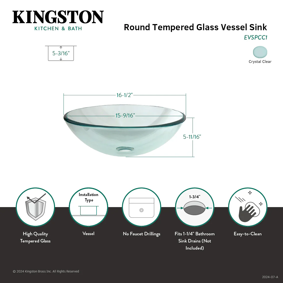 Kingston Brass Fauceture Templeton 16-1/2" Tempered Glass Round Vessel Sink, Crystal Clear (EVSPCC1) - Image 4