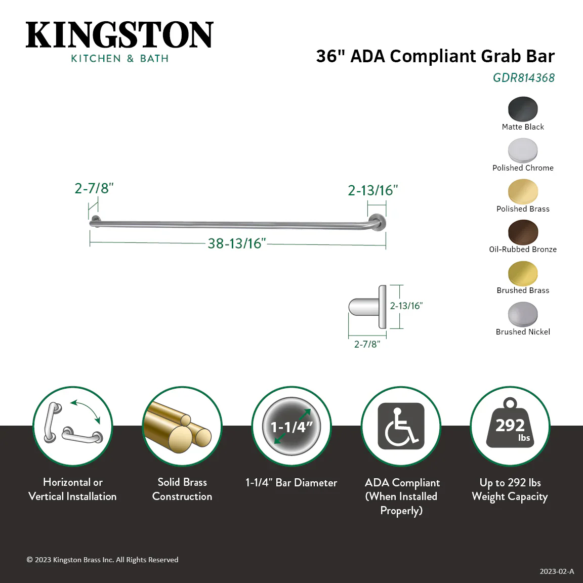 Kingston Brass Silver Sage 36" x 1-1/4" O.D. Brass ADA Grab Bar, Matte Black (GDR814360) - Image 2