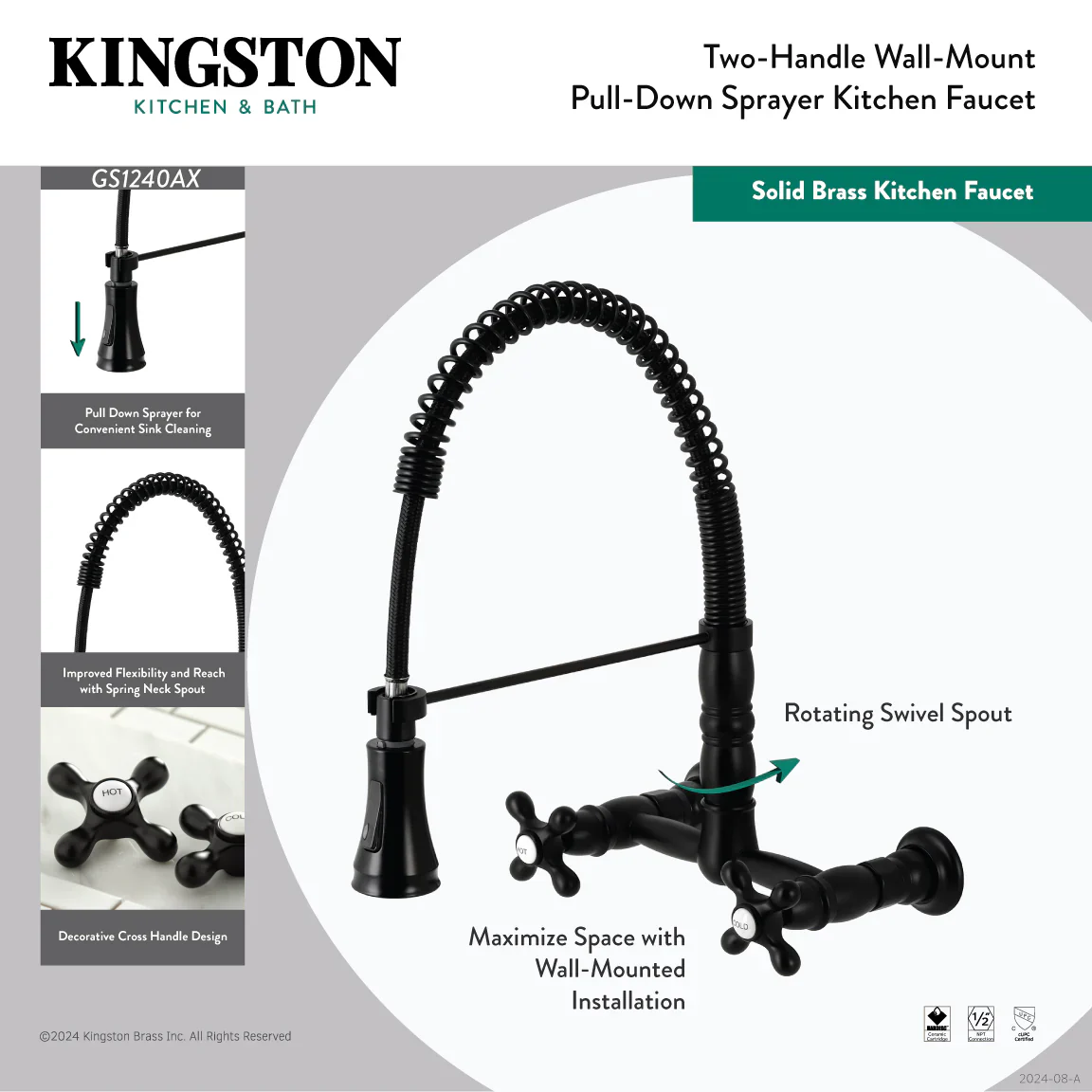 Kingston Brass Gourmetier Heritage Double-Handle Wall-Mount Pre-Rinse Bridge Kitchen Faucet, Matte Black (GS1240AX) - Image 3