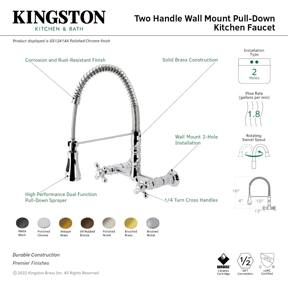 Kingston Brass Gourmetier Heritage Double-Handle Wall-Mount Pre-Rinse Bridge Kitchen Faucet, Polished Nickel (GS1246AX) - Image 3