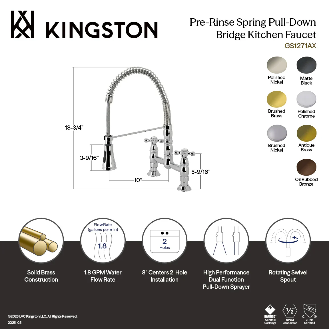 Kingston Brass Gourmetier Heritage Double-Handle Deck-Mount Pre-Rinse Bridge Kitchen Faucet, Matte Black (GS1270AX) - Image 2