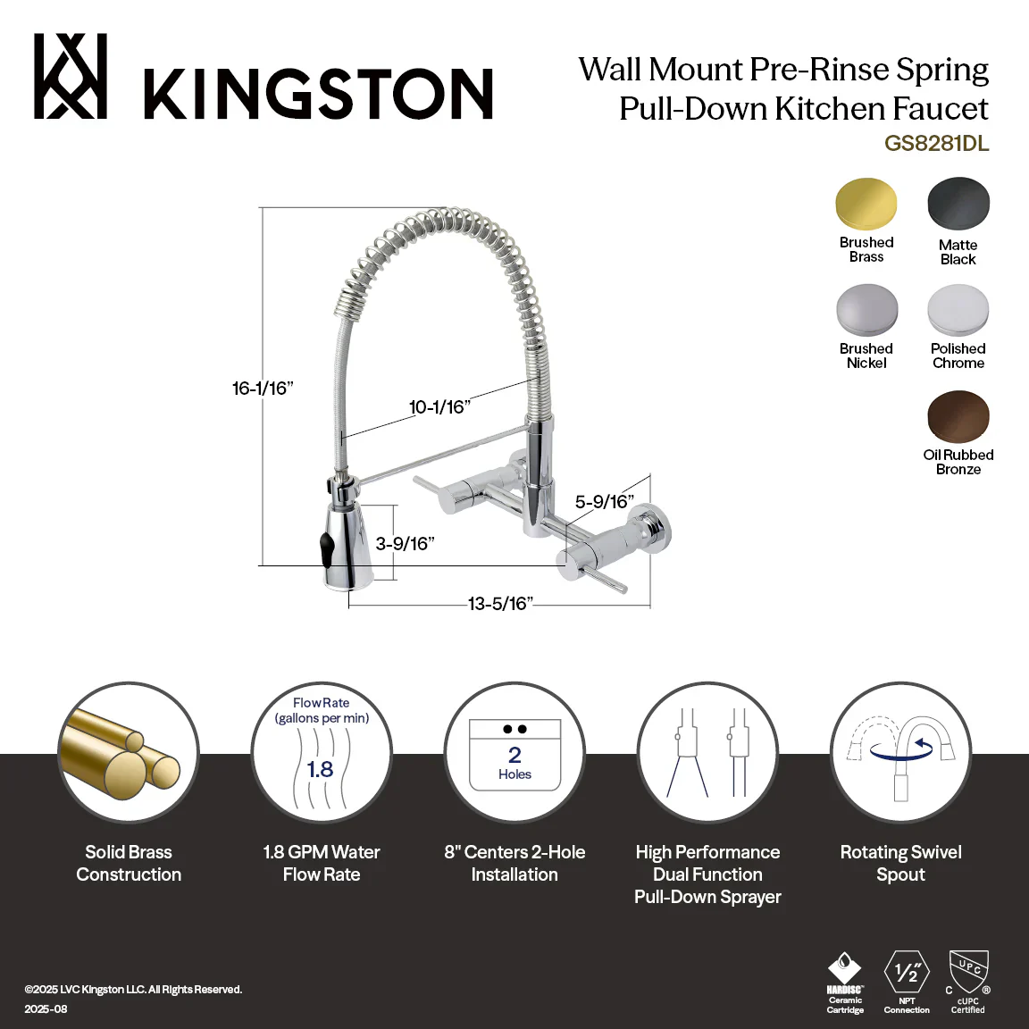 Kingston Brass Gourmetier Concord Double-Handle Wall-Mount Pre-Rinse Bridge Kitchen Faucet, Matte Black (GS8280DL) - Image 2