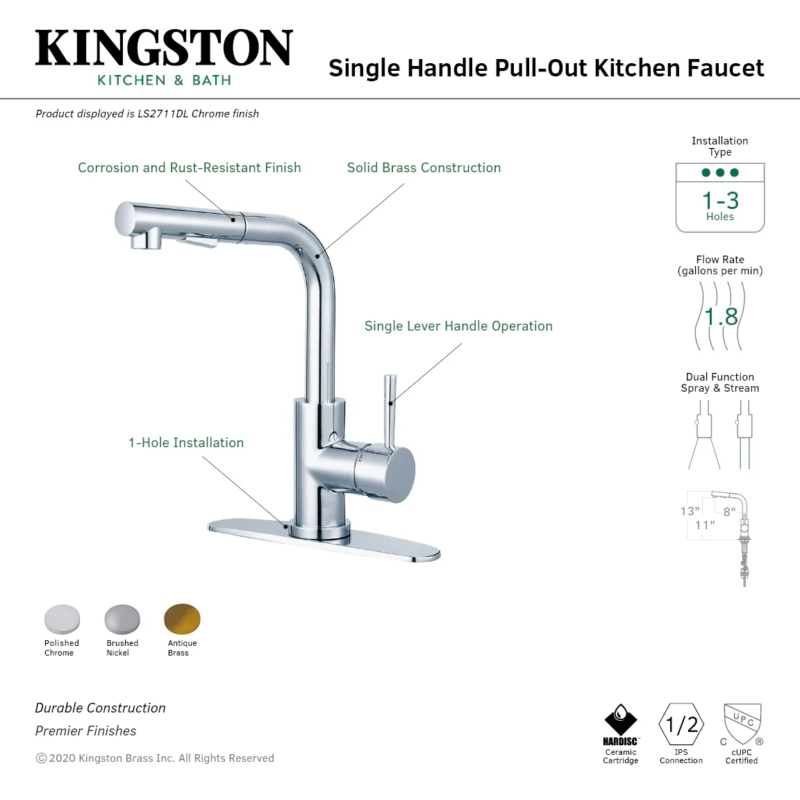 Kingston Brass Gourmetier Concord Single-Handle Pull-Out Kitchen Faucet with Pull-Out Sprayer, Polished Chrome (LS2711DL) - Image 4