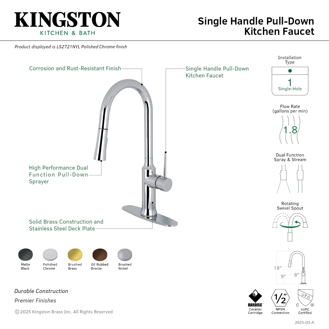 Kingston Brass Gourmetier New York Single-Handle Pull-Down Kitchen Faucet, Matte Black (LS2720NYL) - Image 7