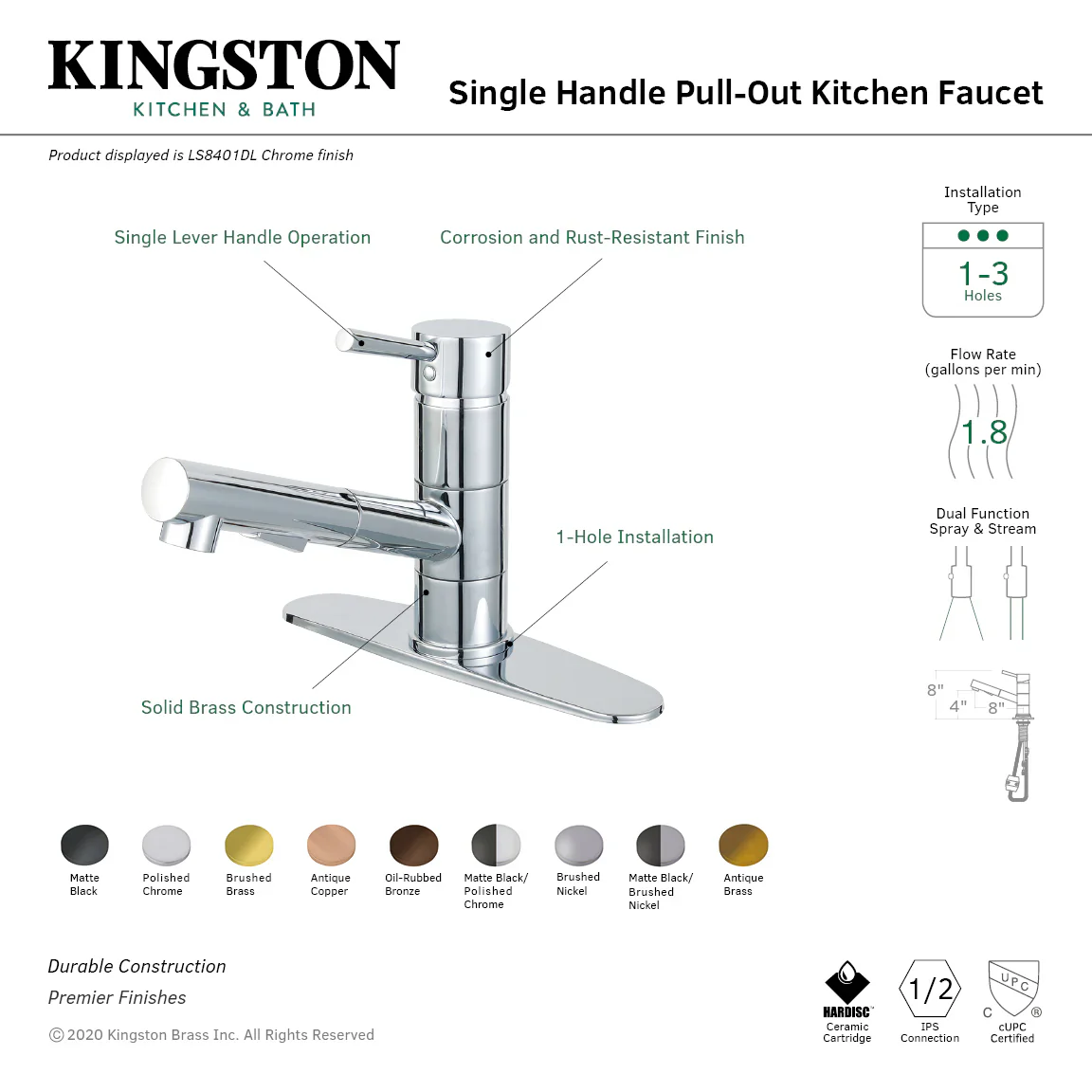Kingston Brass Gourmetier Concord Single-Handle Pull-Out Kitchen Faucet, Antique Brass (LS84DLAB) - Image 2