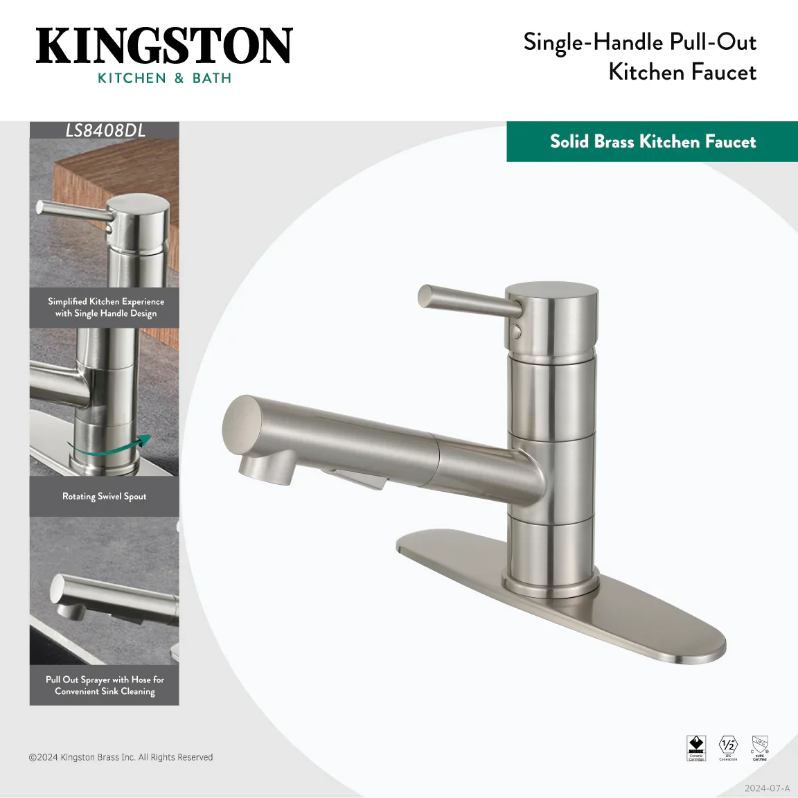Kingston Brass Gourmetier Concord Single-Handle Pull-Out Kitchen Faucet, Matte Black (LS8400DL) - Image 3