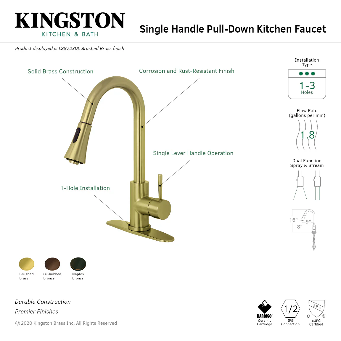 Kingston Brass Gourmetier Concord Single-Handle Pull-Down Kitchen Faucet, Brushed Brass (LS8723DL) - Image 9
