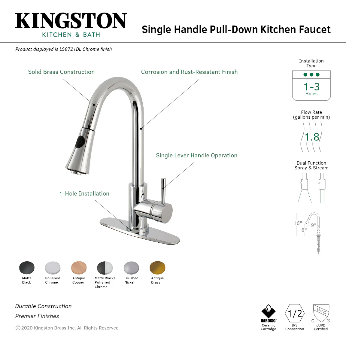 Kingston Brass Gourmetier Concord Single-Handle Pull-Down Kitchen Faucet, Matte Black (LS8720DL) - Image 12
