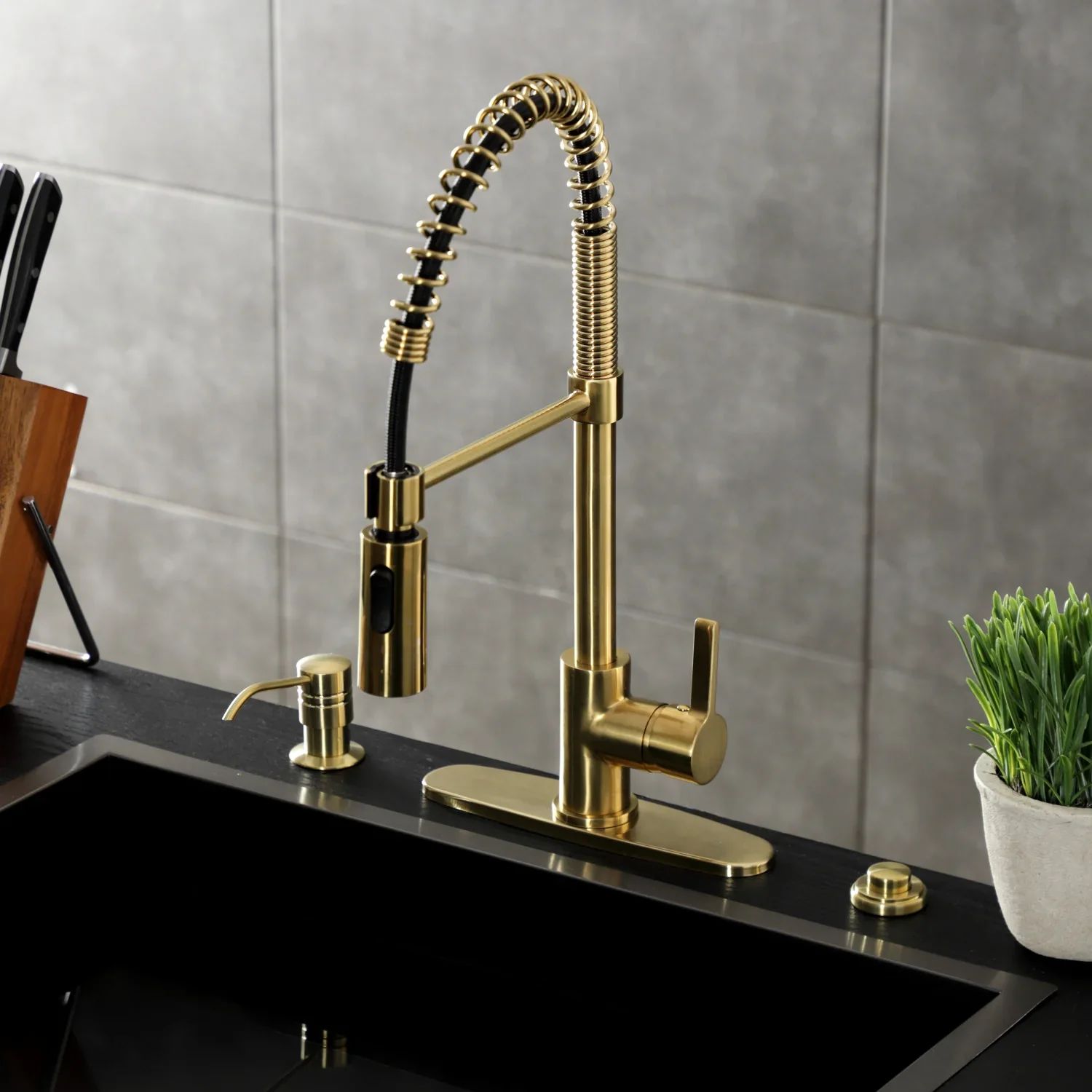 Kingston Brass Gourmetier Continental Single-Handle Deck-Mount Pre-Rinse Kitchen Faucet, Brushed Brass (LS8773CTL) - Image 4