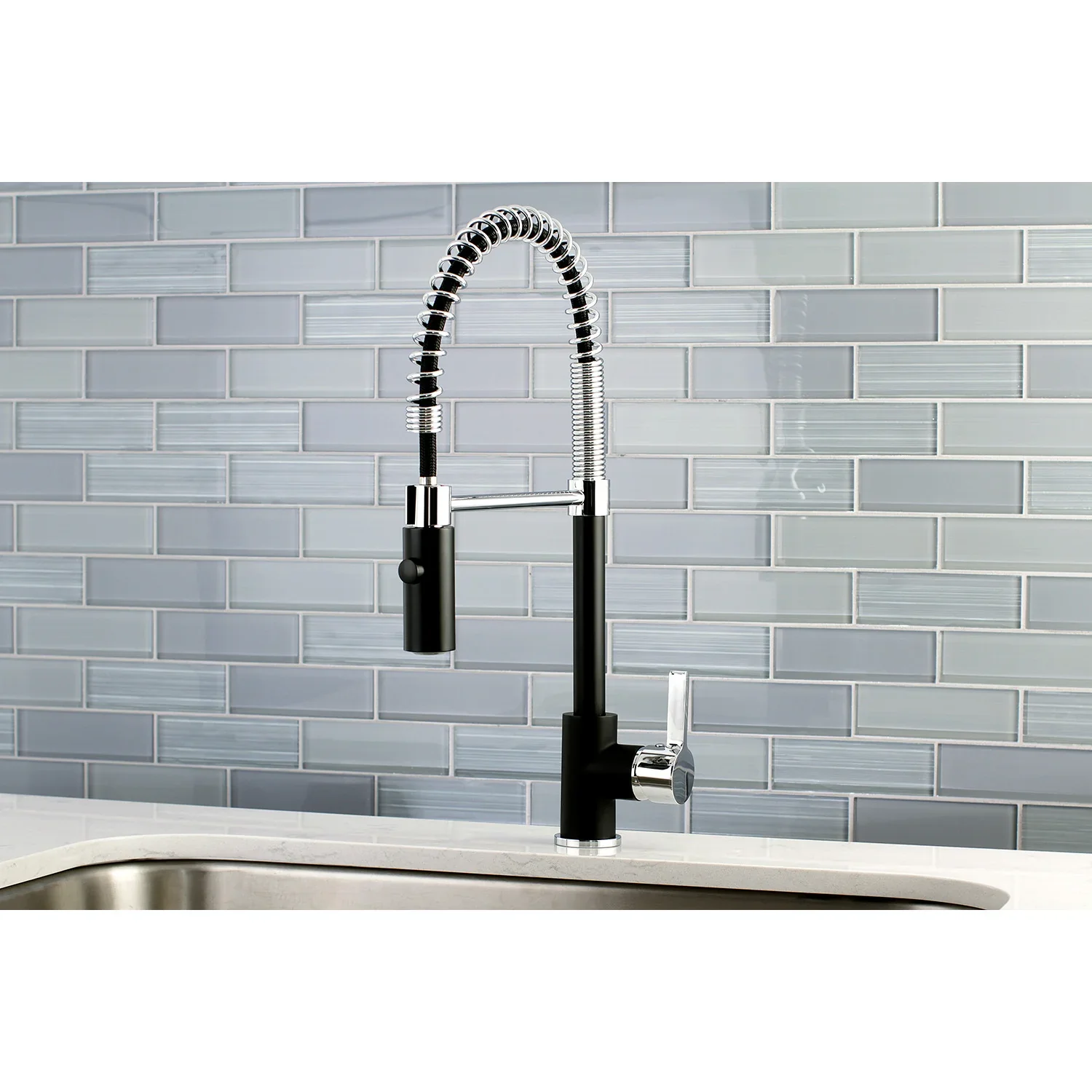 Kingston Brass Gourmetier Continental Single-Handle Deck-Mount Pre-Rinse Kitchen Faucet, Matte Black/Polished Chrome (LS8777CTL) - Image 2