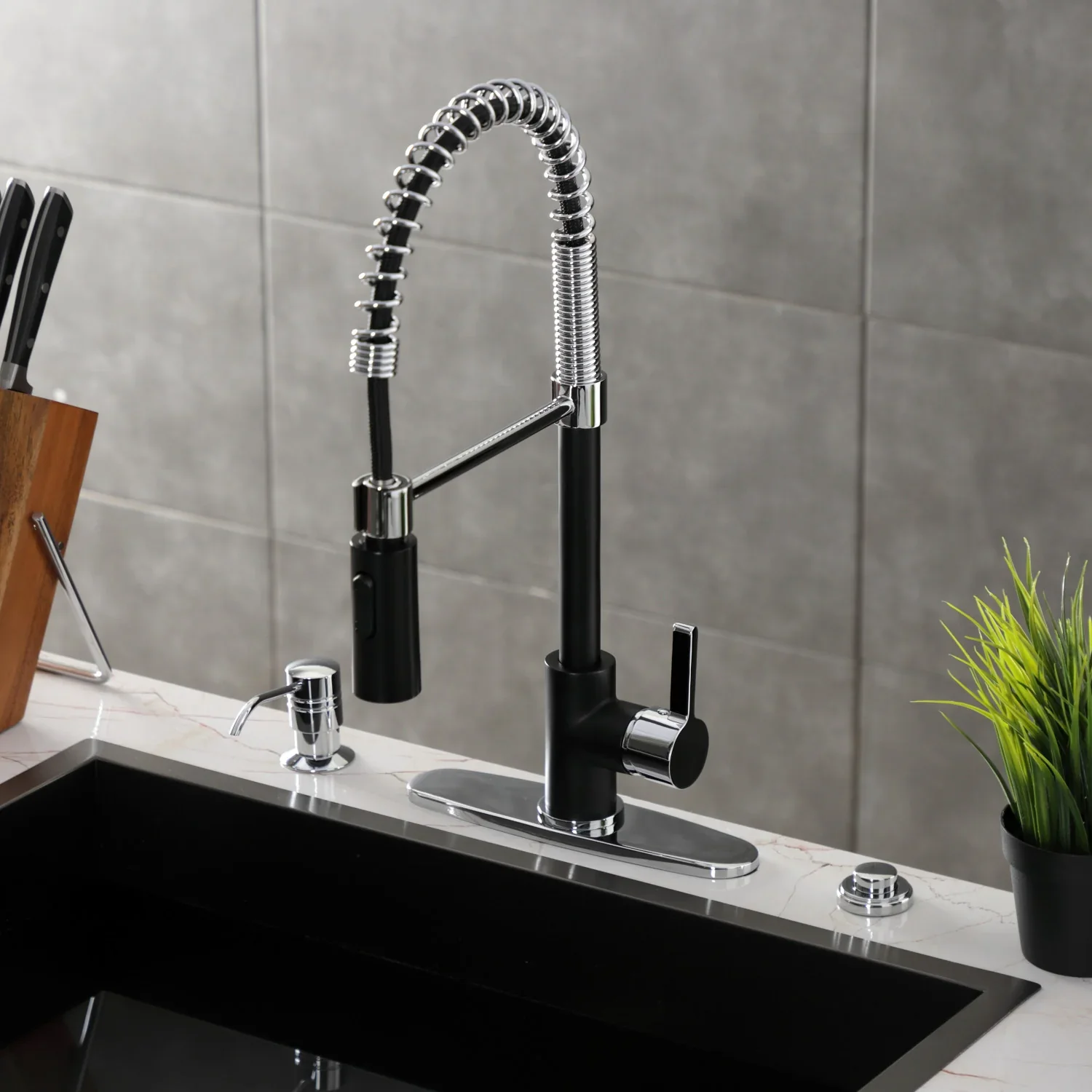 Kingston Brass Gourmetier Continental Single-Handle Deck-Mount Pre-Rinse Kitchen Faucet, Matte Black/Polished Chrome (LS8777CTL) - Image 8