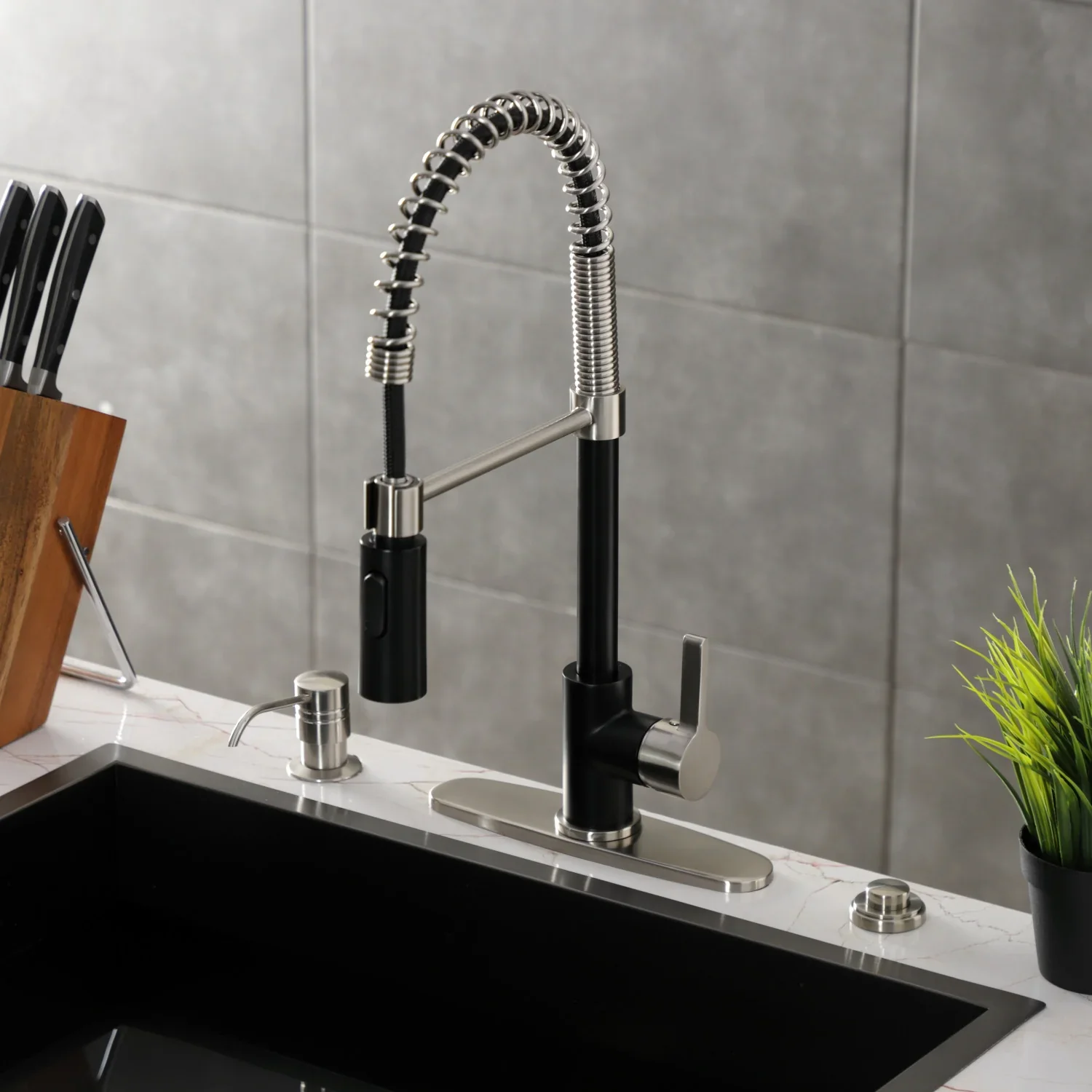 Kingston Brass Gourmetier Continental Single-Handle Deck-Mount Pre-Rinse Kitchen Faucet, Matte Black/Brushed Nickel (LS8779CTL) - Image 4