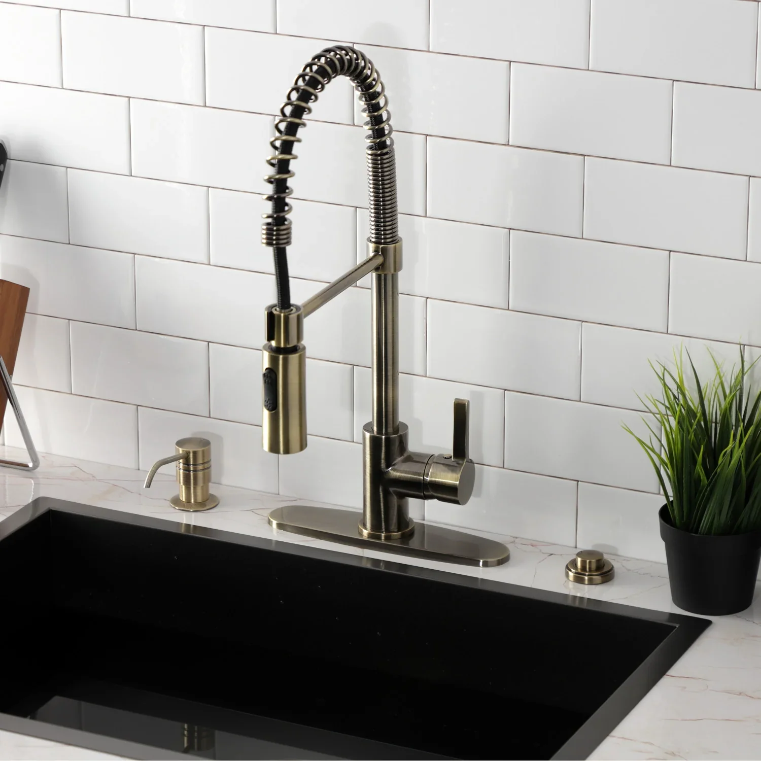Kingston Brass Gourmetier Continental Single-Handle Deck-Mount Pre-Rinse Kitchen Faucet, Antique Brass (LS877CTLAB) - Image 4