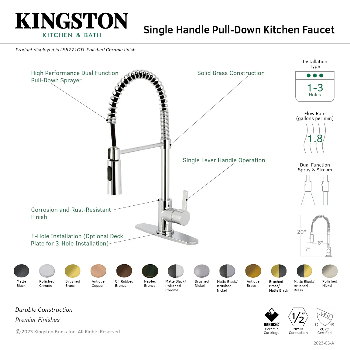 Kingston Brass Gourmetier Continental Single-Handle Deck-Mount Pre-Rinse Kitchen Faucet, Polished Chrome (LS8771CTL) - Image 9