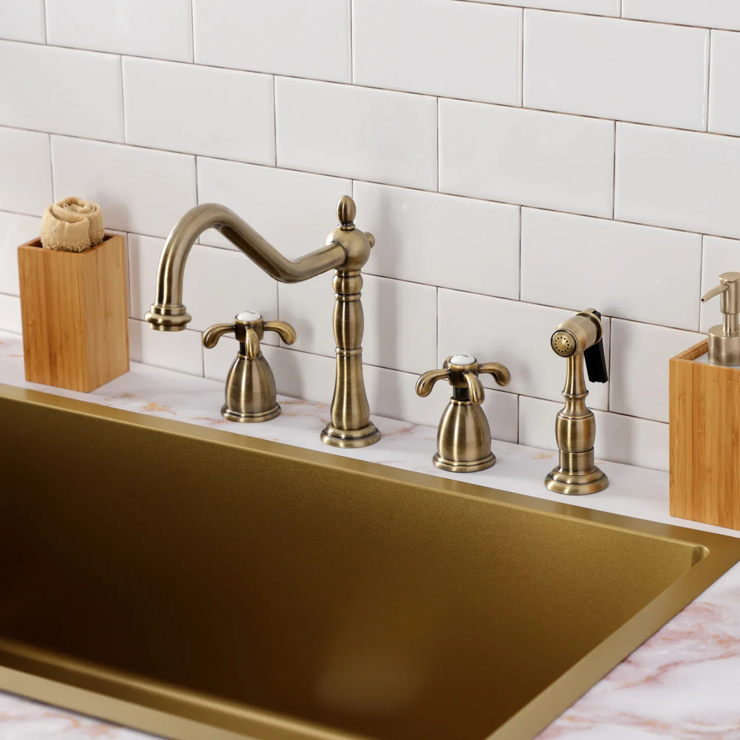 Kingston Brass French Country Double-Handle Widespread Kitchen Faucet with Brass Sprayer, Antique Brass (KB1793TXBS) - Image 2