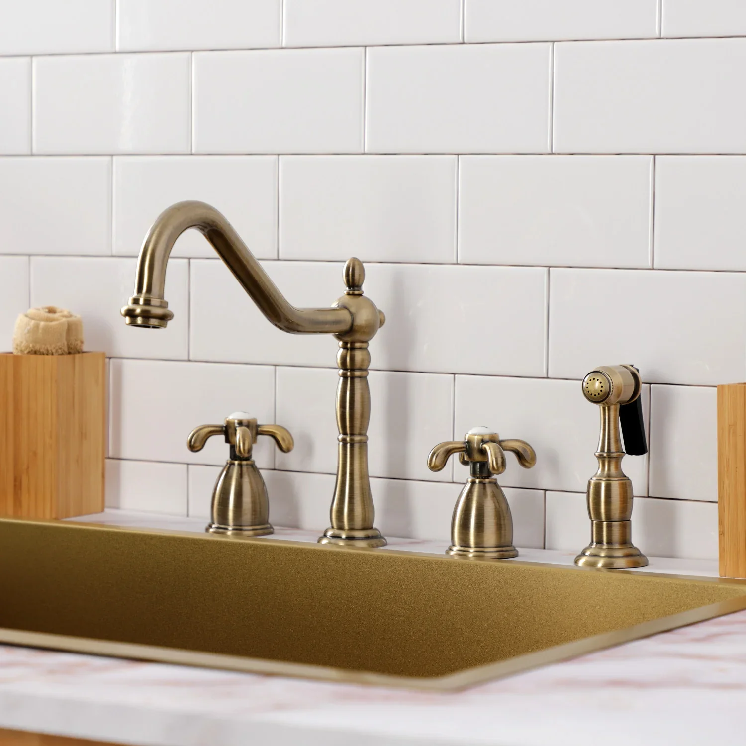 Kingston Brass French Country Double-Handle Widespread Kitchen Faucet with Brass Sprayer, Antique Brass (KB1793TXBS) - Image 3