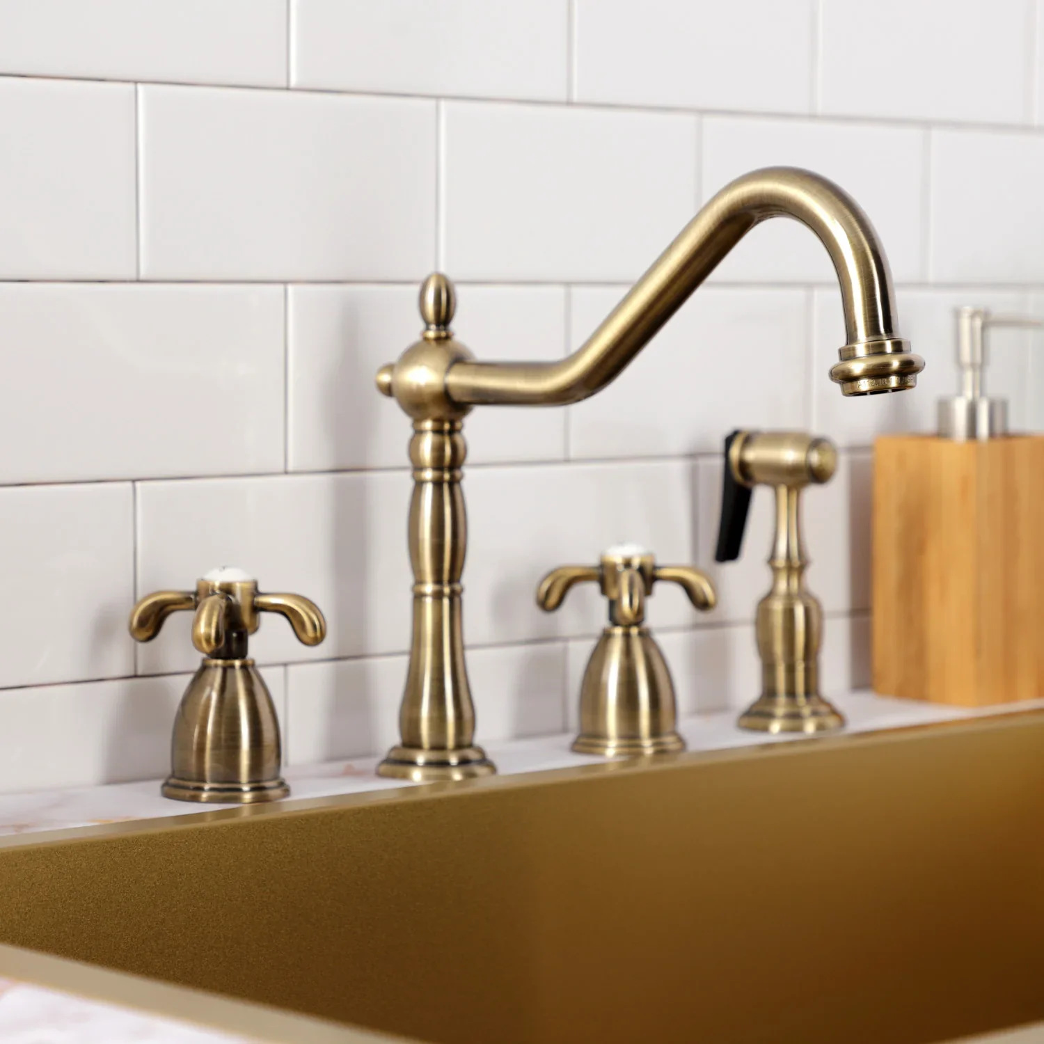 Kingston Brass French Country Double-Handle Widespread Kitchen Faucet with Brass Sprayer, Antique Brass (KB1793TXBS) - Image 5