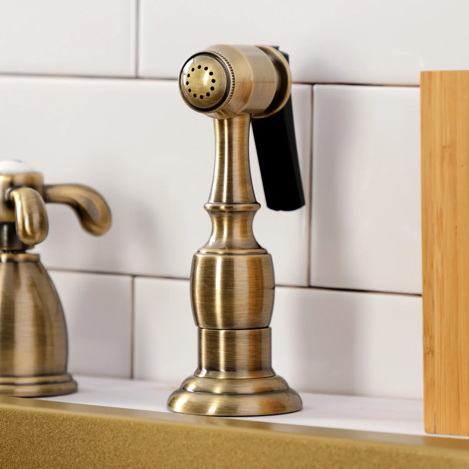 Kingston Brass French Country Double-Handle Widespread Kitchen Faucet with Brass Sprayer, Antique Brass (KB1793TXBS) - Image 6