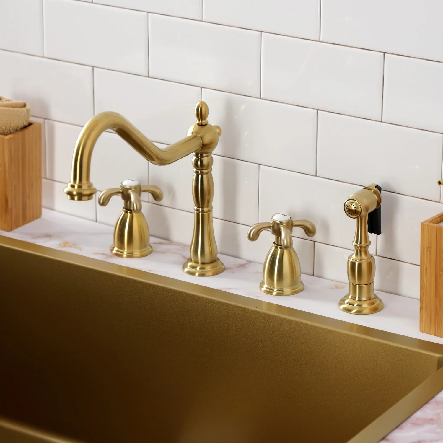 Kingston Brass French Country Double-Handle Widespread Kitchen Faucet with Brass Sprayer, Brushed Brass (KB1797TXBS) - Image 2
